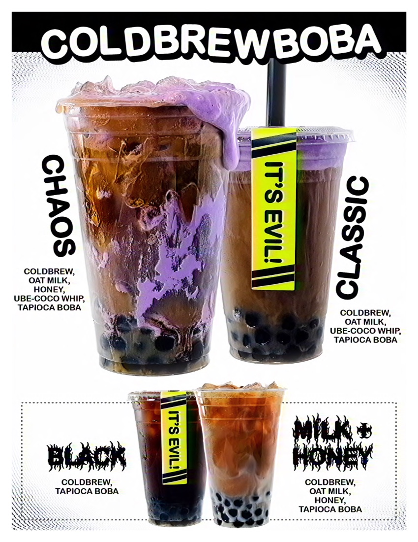 ColdBrewBoba menu tile — Chaos, Classic, Black, Milk + Honey
