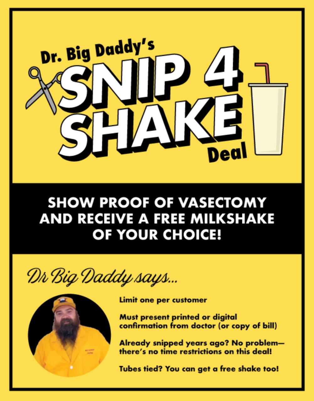 Dr. Big Daddy's Snip 4 Shake — free milkshake with proof of vasectomy poster